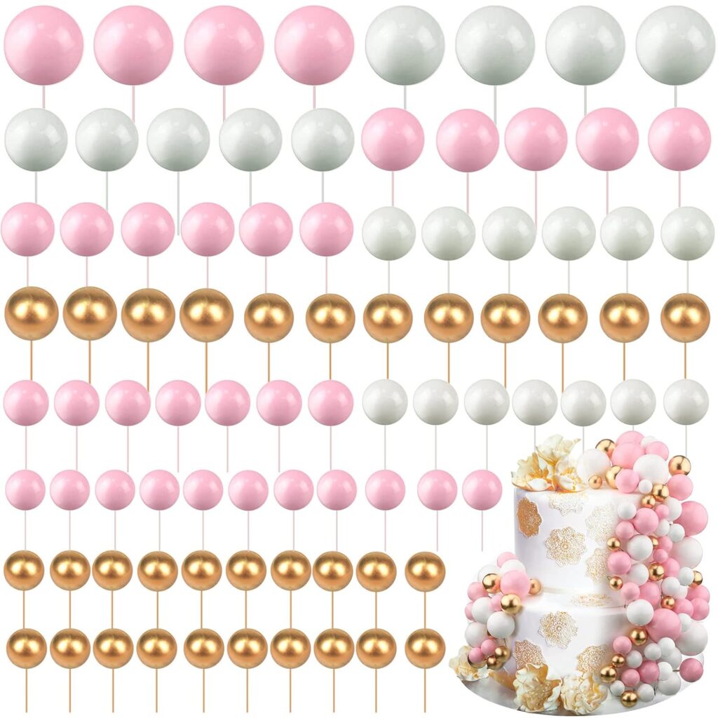 Cake decorating balls pink white and gold